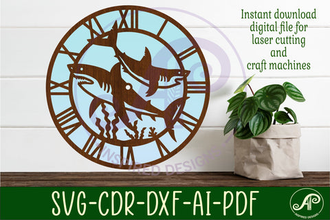 Sharks clock wall clock laser cut files, SVG SVG APInspireddesigns 