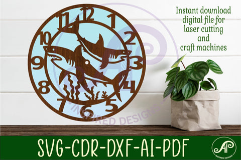 Sharks clock wall clock laser cut files, SVG SVG APInspireddesigns 
