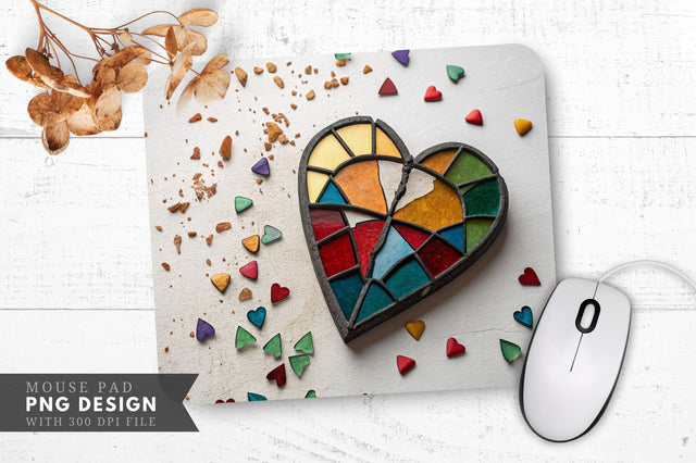 Shattered Beauty A Broken Stained Glass Heart Mouse Pad PNG Design Sublimation Regulrcrative 