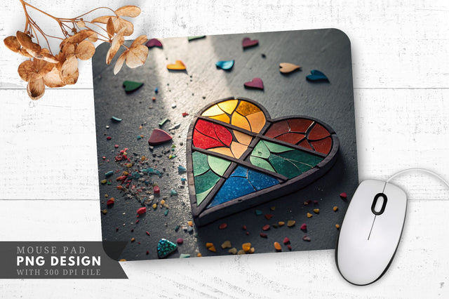 Shattered Beauty A Broken Stained Glass Heart Mouse Pad PNG Design Sublimation Regulrcrative 