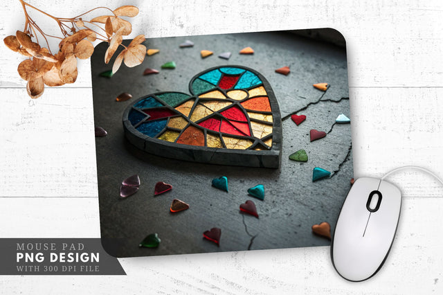 Shattered Beauty A Broken Stained Glass Heart Mouse Pad PNG Design Sublimation Regulrcrative 