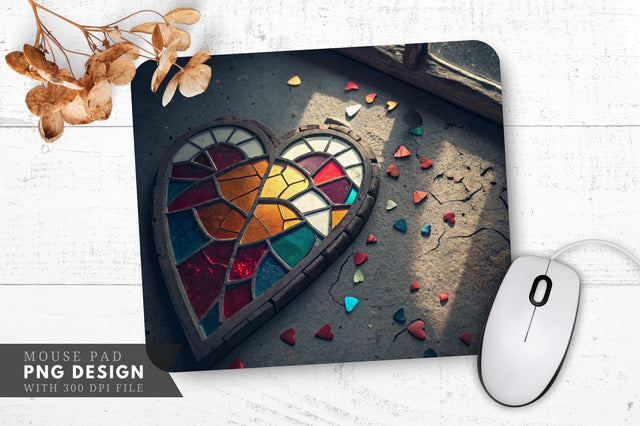 Shattered Beauty A Broken Stained Glass Heart Mouse Pad PNG Design Sublimation Regulrcrative 