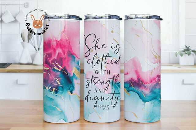 She is Clothed Christian Quotes Tumbler Wrap Designs Bible Verse PNG Sublimation Rabbitmakies 