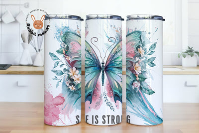 She Is Strong 20 oz Skinny Tumbler Sublimation Designs Butterfly Floral PNG Digital Product Download Sublimation Rabbitmakies 