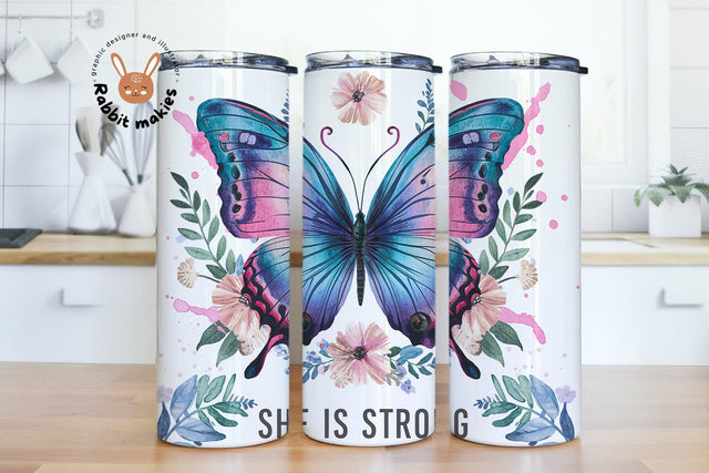She Is Strong 20 oz Skinny Tumbler Sublimation Designs Butterfly Floral PNG Digital Product Download Sublimation Rabbitmakies 
