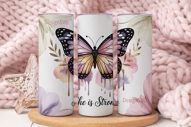 She Is Strong Butterfly 20oz Tumbler Sublimation DesignSVG 