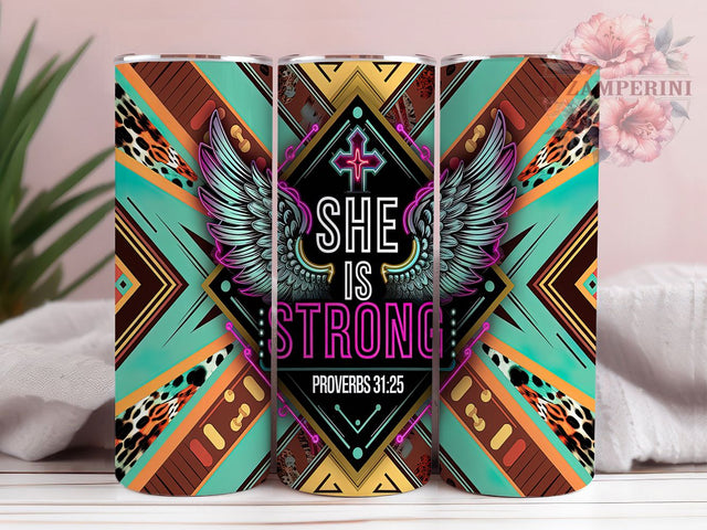 She Is Strong Cowgirl Scripture Tumbler, Proverbs 31 25 Wrap, Christian Western Tumbler, Faith Based Tumbler Design, 20oz Scripture Sublimation, Bible Verse Tumbler Sublimation Li Zamperini 