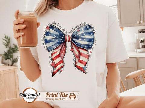 She Loves Jesus 4th of July Bow PNG Sublimation Caffeinated SVGs 