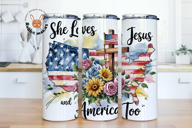 She Loves Jesus and America Too 20 oz Skinny Tumbler Wrap PNG | Patriotic Floral Tumbler Wrap | Christian Tumbler Design | Digital Download Sublimation Rabbitmakies 