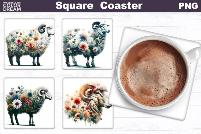 Sheep Flowers Square Coaster | Double Exposure Sheep Floral Sublimation WatercolorColorDream 