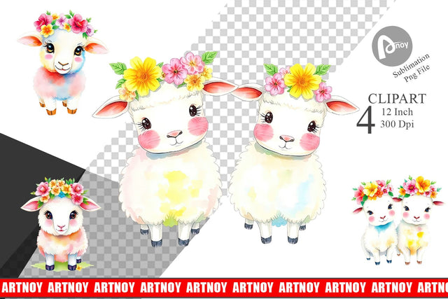 Sheep with Floral Crowns Clipart Sublimation artnoy 