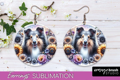 Shetland Sheepdog Earrings - Dog Mom Floral Round Earring Sublimation Sublimation OrangeBrushStudio 