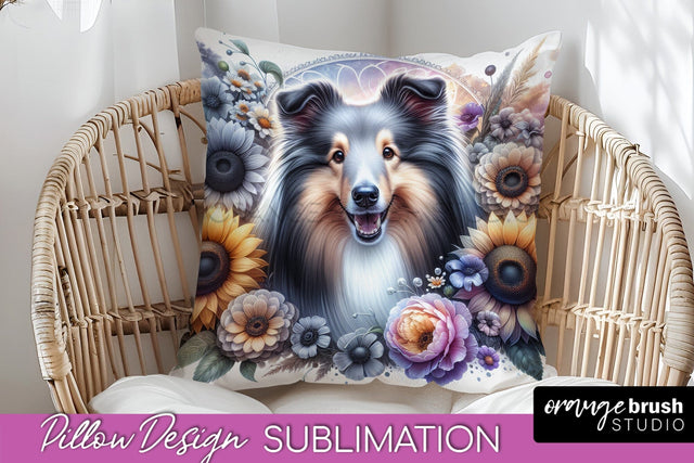 Shetland Sheepdog Pillow Cover - Dog Mom Floral Pillow Sublimation Sublimation OrangeBrushStudio 