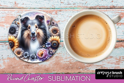 Shetland Sheepdog Round Coaster - Dog Mom Floral Coaster Sublimation Sublimation OrangeBrushStudio 