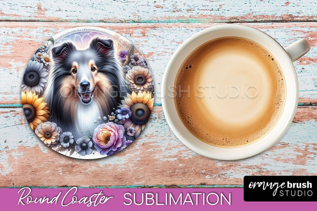 Shetland Sheepdog Round Coaster - Dog Mom Floral Coaster Sublimation Sublimation OrangeBrushStudio 