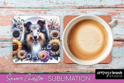 Shetland Sheepdog Square Coaster - Dog Mom Floral Coaster Sublimation Sublimation OrangeBrushStudio 
