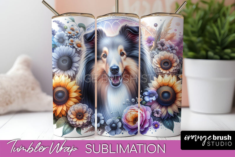 Shetland Sheepdog Tumbler Wrap - Dog Mom Floral Tumbler Sublimation Sublimation OrangeBrushStudio 