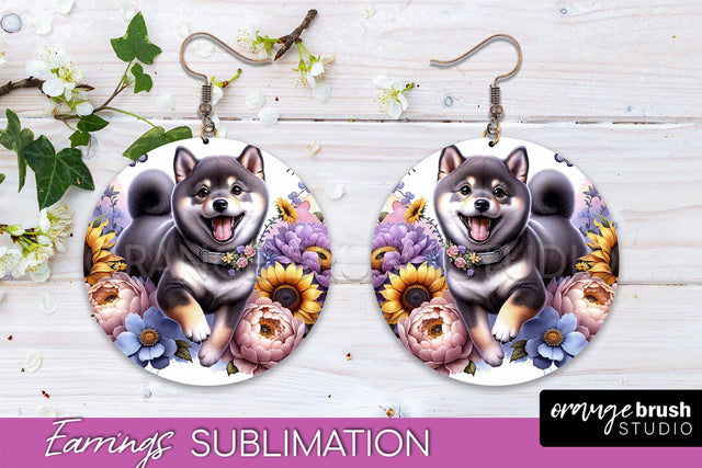 Shiba Inu Earrings - Dog Mom Floral Round Earring Sublimation Sublimation OrangeBrushStudio 