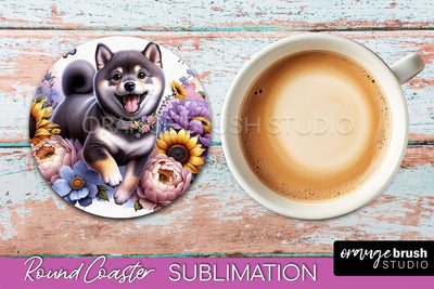 Shiba Inu Round Coaster - Dog Mom Floral Coaster Sublimation Sublimation OrangeBrushStudio 