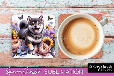 Shiba Inu Square Coaster - Dog Mom Floral Coaster Sublimation Sublimation OrangeBrushStudio 