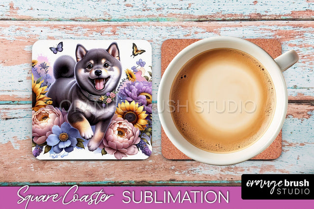 Shiba Inu Square Coaster - Dog Mom Floral Coaster Sublimation Sublimation OrangeBrushStudio 