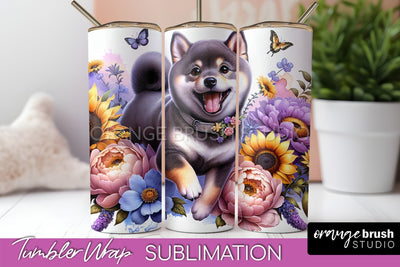 Shiba Inu Tumbler Wrap - Dog Mom Floral Tumbler Sublimation Sublimation OrangeBrushStudio 