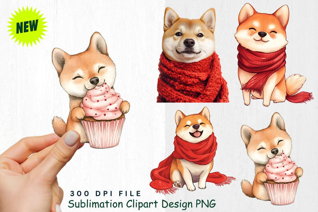 Shiba Inu with Red Scarf and Valentine’s Hearts Clipart Sublimation Regulrcrative 