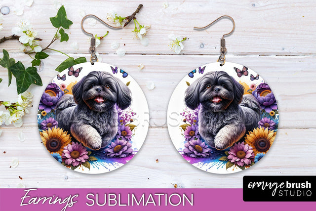 Shih Tzu Earrings - Dog Mom Floral Round Earring Sublimation Sublimation OrangeBrushStudio 