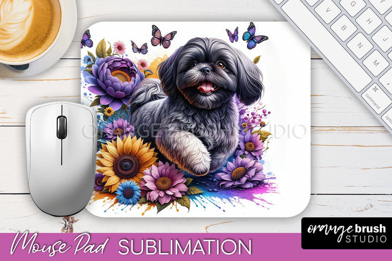Shih Tzu Mouse Pad Design - Dog Mom Floral Mousepad Sublimation Sublimation OrangeBrushStudio 