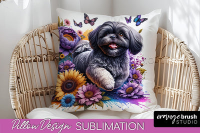 Shih Tzu Pillow Cover - Dog Mom Floral Pillow Sublimation Sublimation OrangeBrushStudio 