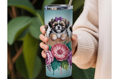 Shih Tzu Puppies Floral 20oz Tumbler Sublimation DesignSVG 