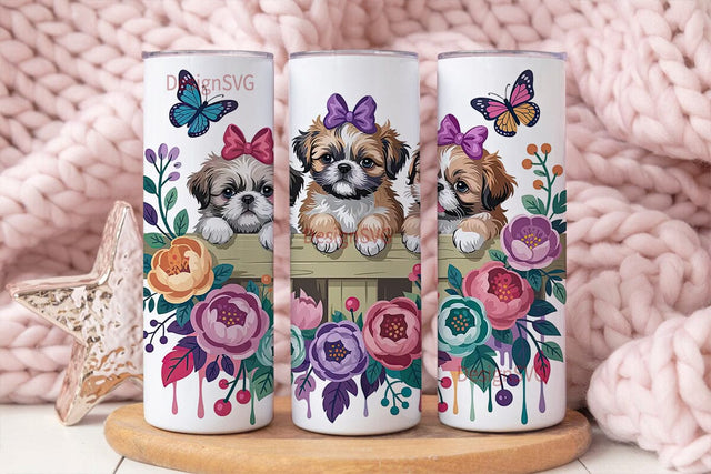 Shih Tzu Puppies Floral 20oz Tumbler Sublimation DesignSVG 
