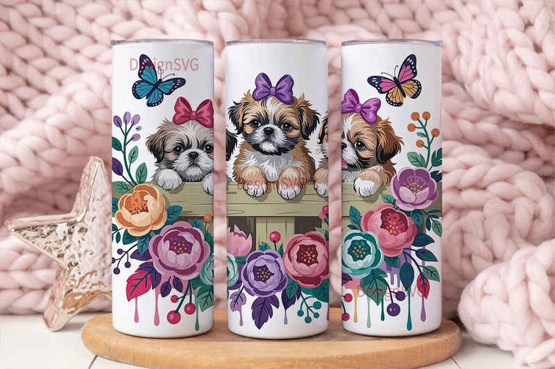 Shih Tzu Puppies Floral 20oz Tumbler Sublimation DesignSVG 