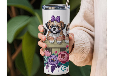 Shih Tzu Puppies Floral 20oz Tumbler Sublimation DesignSVG 