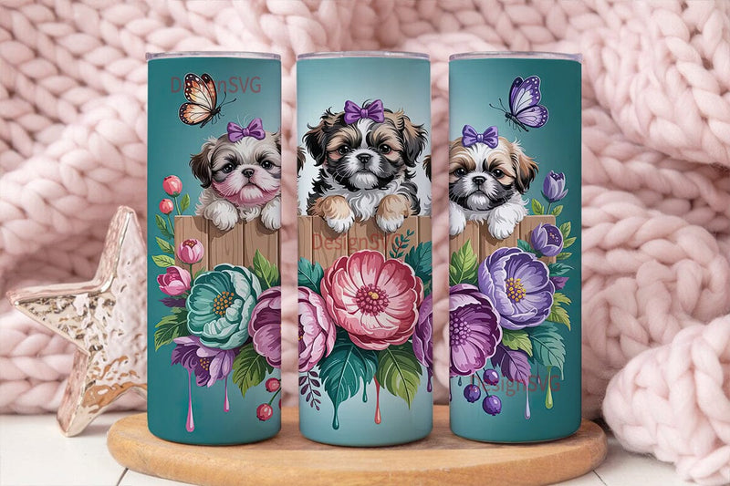 Shih Tzu Puppies Floral 20oz Tumbler Sublimation DesignSVG 
