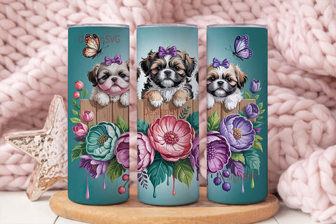 Shih Tzu Puppies Floral 20oz Tumbler Sublimation DesignSVG 