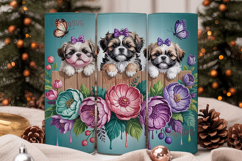 Shih Tzu Puppies Floral 20oz Tumbler Sublimation DesignSVG 