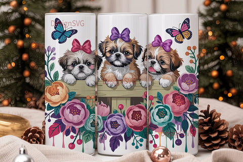Shih Tzu Puppies Floral 20oz Tumbler Sublimation DesignSVG 