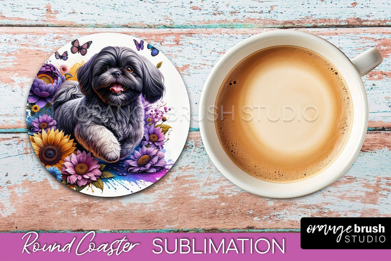 Shih Tzu Round Coaster - Dog Mom Floral Coaster Sublimation Sublimation OrangeBrushStudio 