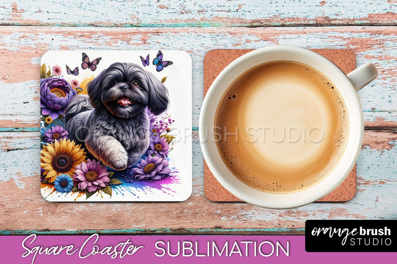 Shih Tzu Square Coaster - Dog Mom Floral Coaster Sublimation Sublimation OrangeBrushStudio 