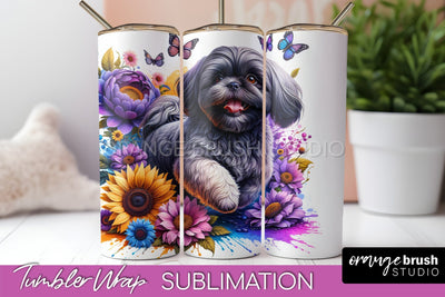 Shih Tzu Tumbler Wrap - Dog Mom Floral Tumbler Sublimation Sublimation OrangeBrushStudio 