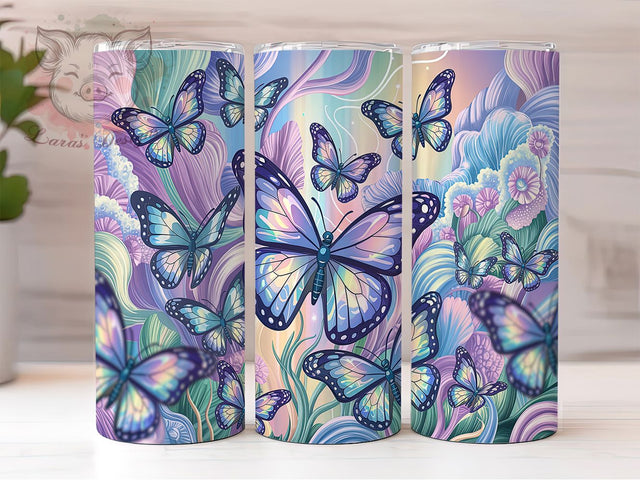 Shimmer Silver Butterfly Tumbler, Elegant Butterfly Wrap, Shimmer Butterfly Design, Butterfly Sublimation PNG, 20oz Silver Tumbler, Metallic Butterfly Wrap, Graceful Insect Tumbler Sublimation Lara' s Designs 