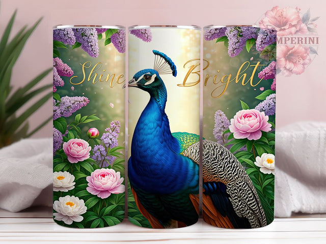 Shine Bright Peacock Floral Tumbler, Peacock Tumbler, Floral Design, 20oz Wrap, Nature Drinkware, Shine Bright Quote, Colorful Sublimation, Unique Gift Sublimation Li Zamperini 