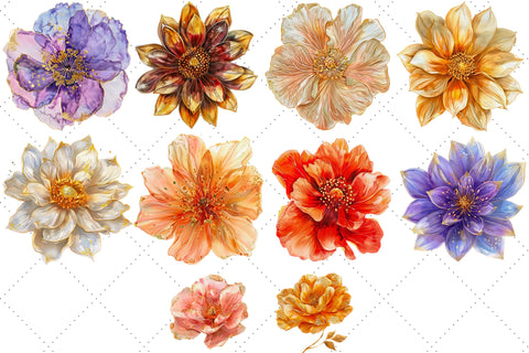 Shiny Gold Flowers Clipart, Flower PNG, Watercolor Flowers Sublimation FloridPrintables 