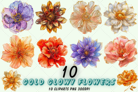 Shiny Gold Flowers Clipart, Flower PNG, Watercolor Flowers Sublimation FloridPrintables 