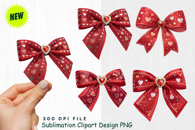 Shiny Red Ribbon Bow with Heart Gem Clipart Sublimation Regulrcrative 