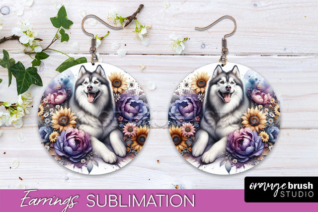 Siberian Husky Earrings - Dog Mom Floral Round Earring Sublimation Sublimation OrangeBrushStudio 