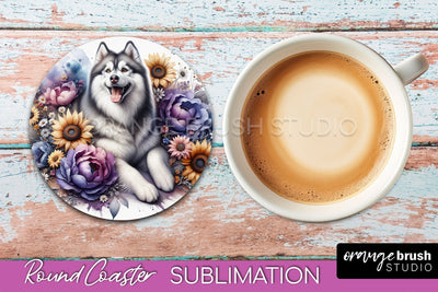 Siberian Husky Round Coaster - Dog Mom Floral Coaster Sublimation Sublimation OrangeBrushStudio 