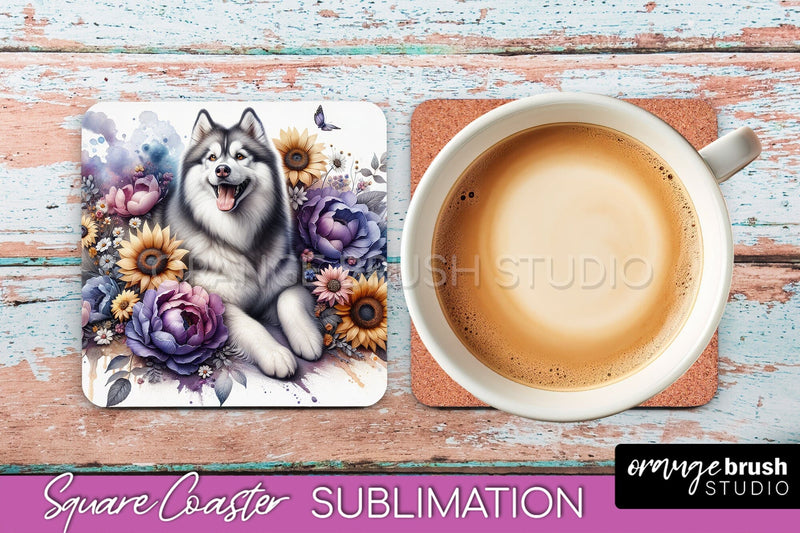 Siberian Husky Square Coaster - Dog Mom Floral Coaster Sublimation Sublimation OrangeBrushStudio 
