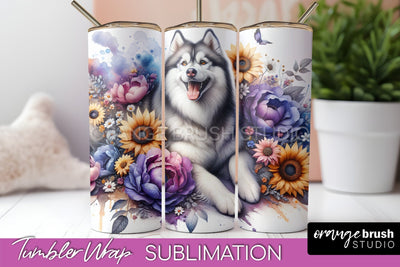 Siberian Husky Tumbler Wrap - Dog Mom Floral Tumbler Sublimation Sublimation OrangeBrushStudio 